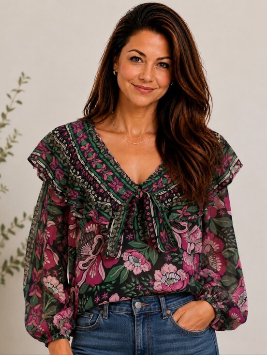 FARM Rio Tops - FARM Rio "Black Gardens Whimsical Floral" Long Sleeve Blouse
